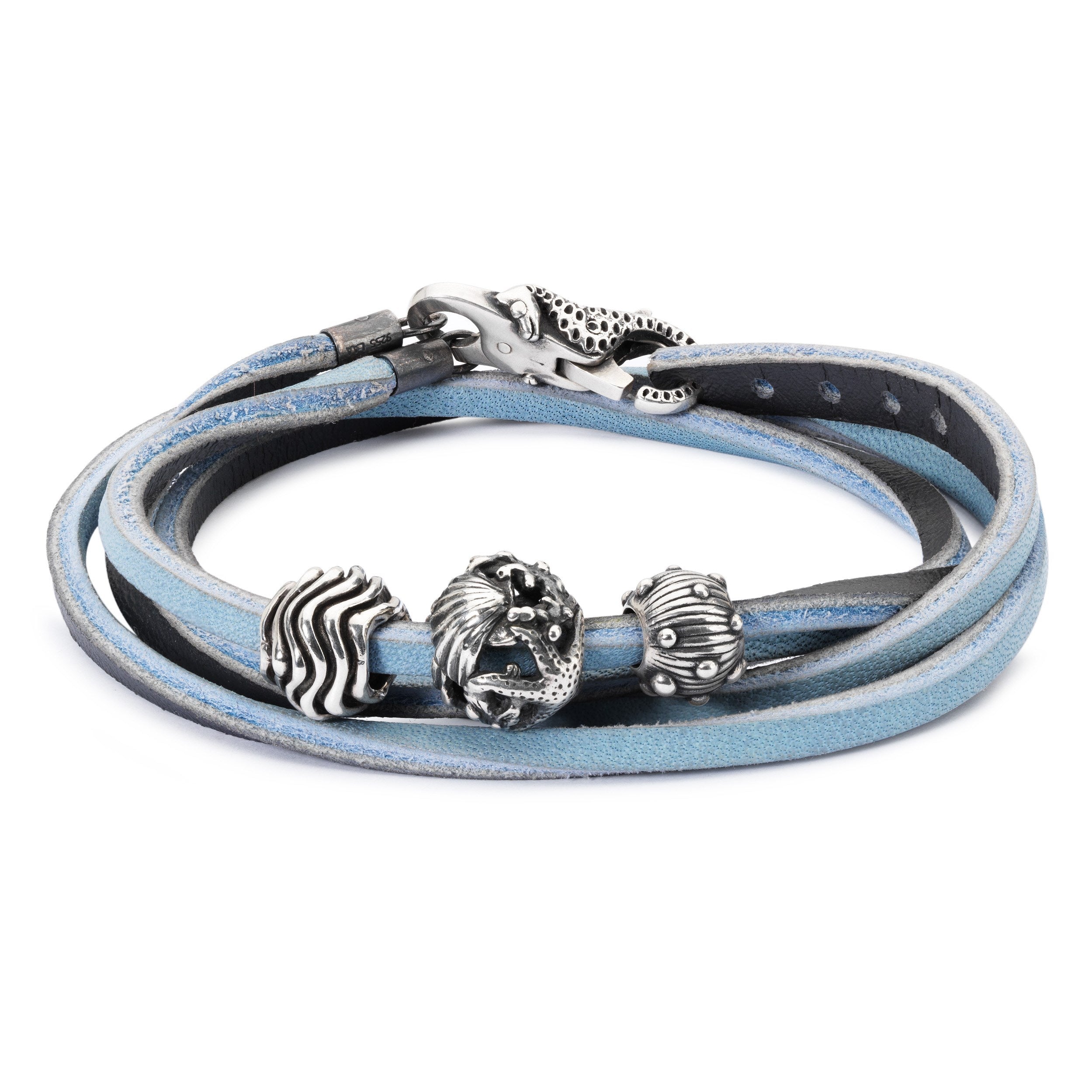 Leather Bracelet, Light Blue/Dark Grey